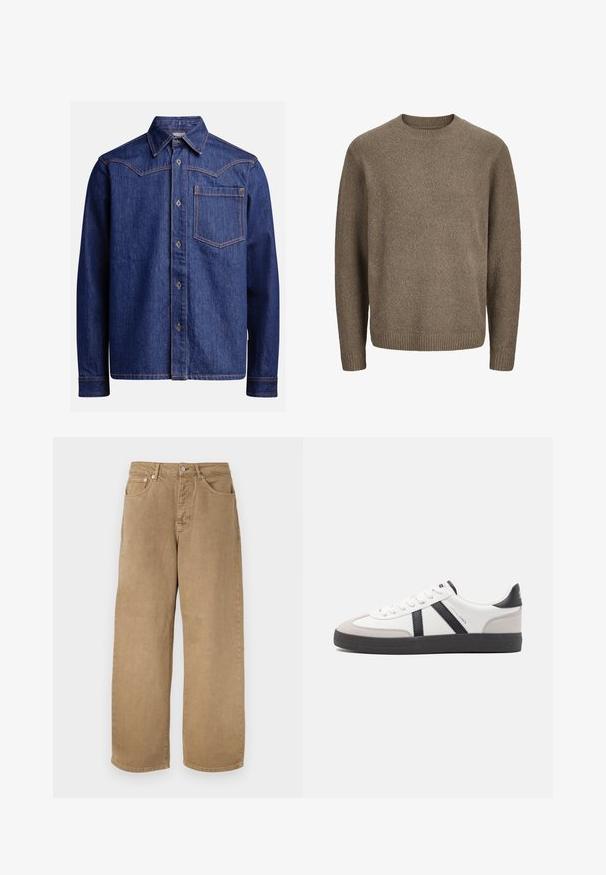 Jersey marrón de lana de manga larga con puños, dobladillo y cuello redondo acanalados.; Camisa de mezclilla azul oscuro de manga larga con cuello punta, botones en el frente, bolsillo en el pecho y costuras en contraste de color naranja.; Pantalones rectos de algodón beige con botón frontal, cierre de cremallera, presillas para cinturón y diseño de cinco bolsillos, mostrados sobre un fondo blanco.; Zapatilla blanca con acentos en negro y gris, que presenta una puntera texturizada en gris, suela de goma negra y cordones planos blancos. Diseño limpio, estilo minimalista.