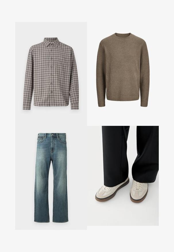 Bruine wollen trui met lange mouwen, geribbelde boorden, zoom en ronde hals.; Bruine en crèmekleurige geruite shirt met een button-down kraag, lange mouwen en voorknopen; gemaakt van gemêleerde stof.; Lichtblauwe denim jeans met een rechte pijp, lichte vervaging, vijf zakken en riemlussen. Kenmerkt zich door stiksels en een knoopsluiting.; Voeten met beige sneakers met bruine zolen en zwarte wijde broekspijpen op een witte achtergrond.