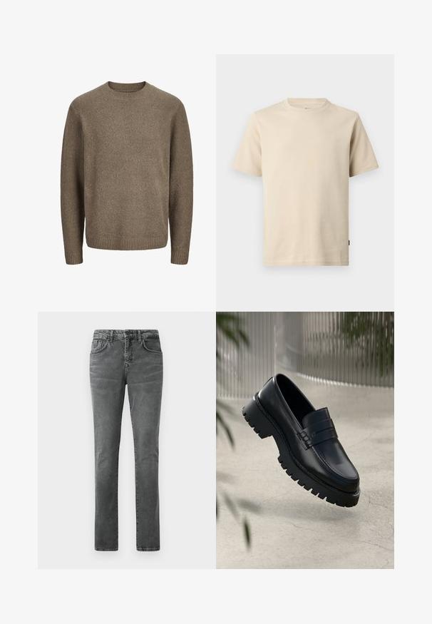 Brauner Wollpullover mit langen Ärmeln, gerippten Bündchen, Saum und Rundhalsausschnitt.; Beiges kurzärmeliges T-Shirt aus Baumwolle mit Rundhalsausschnitt, minimalen Nähten und einem kleinen tonalen Logo auf der linken Brust.; Graue Jeans aus Denim mit geradem Bein, Fünf-Taschen-Design, dezenter Ausbleichung und Gürtelschlaufen. Keine sichtbaren Logos oder Verzierungen.; Schwarze Lederloafer mit einer robusten profilierten Sohle, ausgestattet mit einem dekorativen Riemen und einer Stichdetail. Glatte Textur mit einem polierten Finish.