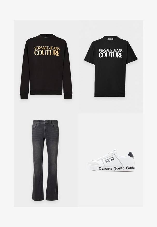 Must pikkade varrukatega dressipluus soonikuga mansettide ja kulla värvi "VERSACE JEANS COUTURE" tekstiga, mis on trükitud rinna peale.; Must lühikeste varrukatega T-särk, millel on eest keskel suured valged sõnad "VERSACE JEANS COUTURE" ja kaeluse sees sobiv silt.; Mustadest denimist valmistatud teksased, millel on laienev disain, viis taskut ja metallne nööbi kinnitamine. Kangas on sileda tekstuuriga ja kergete kulumisjälgedega.; Valged vabaajajalatsid tekstuuriga pinnaga, mustade detailide ja julge "Versace Jeans Couture" brändinguga tallal ja külgedel.