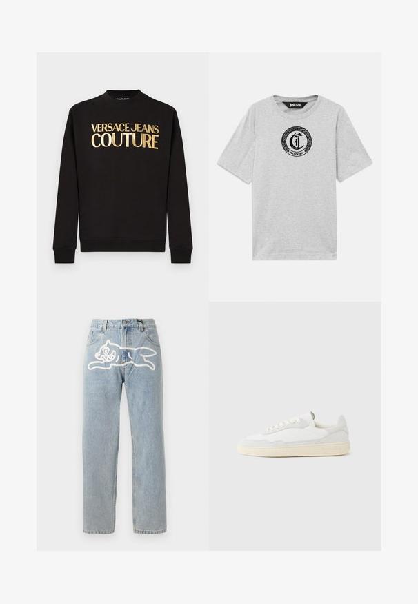 Sort langærmet sweatshirt med ribbet manchetter og guldtryk med teksten "VERSACE JEANS COUTURE" på brystet.; Grå bomulds t-shirt med korte ærmer, der har et sort rundt logo på brystet med slange-design og mærkenavnet "Just Cavalli."; Lyselavendel denim jeans med en lige pasform, der har et stort hvidt grafik af en kat på ryggen. Klassisk fem-lommers design.; Hvid sneakers med en øvre del i tekstureret ruskind og læder. Har rundet tå, snørelukning og kontrasterende beige gummisål.