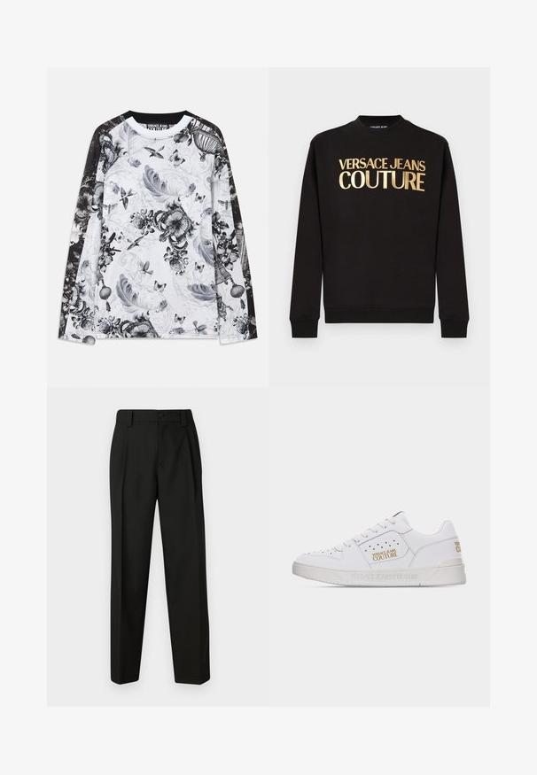 Sort langærmet sweatshirt med ribbet manchetter og guldtryk med teksten "VERSACE JEANS COUTURE" på brystet.; Langærmet hvid skjorte med sorte ærmer, dekoreret med gråskala mønstre af fjer, fugle, sommerfugle, kroner og blomsterelementer.; Sorte skræddersyede bukser lavet af glat stof. Har lige ben, enkelt knappelukning og bæltestropper. Ingen synlige mønstre eller accenter.; Hvid lavt sneaksko med perforerede detaljer, snørelukning foran og guld "Versace Jeans Couture" logoer på siden og hælen.