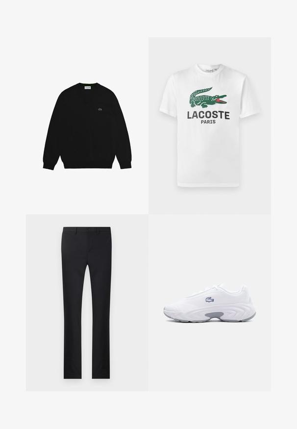 Zwart v-hals trui gemaakt van gebreide stof. Heeft lange mouwen en een groen Lacoste-logo geborduurd op de borst.; Lacoste T-shirt print - white; Zwarte broek met een rechtlopende pasvorm, gemaakt van soepel materiaal. Voorzien van zakken aan de voorkant, een knoopsluiting en riemlussen.; Witte sportschoen met een grijze zool, een bovenwerk van mesh, vetersluiting en een blauw geborduurd krokodillenlogo aan de zijkant.