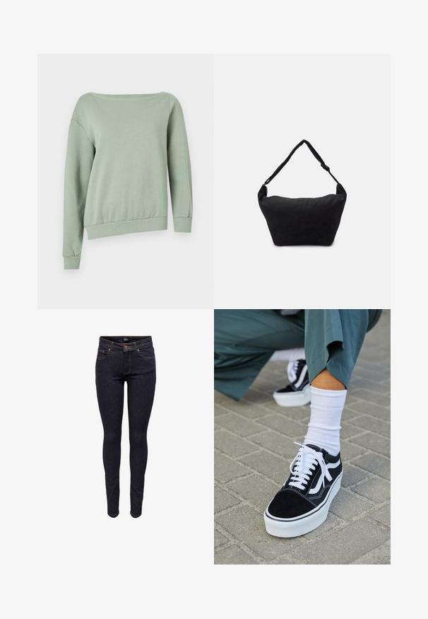 Lichtgroene, off-the-shoulder sweatshirt. Gemaakt van zacht materiaal, het heeft lange mouwen en een ribgebreide zoom voor een ontspannen pasvorm. Geen patronen of accenten.; Donkerblauwe slim-fit spijkerbroek met knopen aan de voorkant en zakken, zichtbare stiksels en een merklint op de tailleband.; Zwarte suède sneaker met witte accenten en veters, uitgerust met een dikke witte zool en contrasterende stiksels, gecombineerd met een witte sok.; Zwarte stoffen schoudertas met een zachte, gestructureerde oppervlakte, ronde vorm en een enkele strap. Minimalistisch ontwerp zonder zichtbare hardware of accenten.