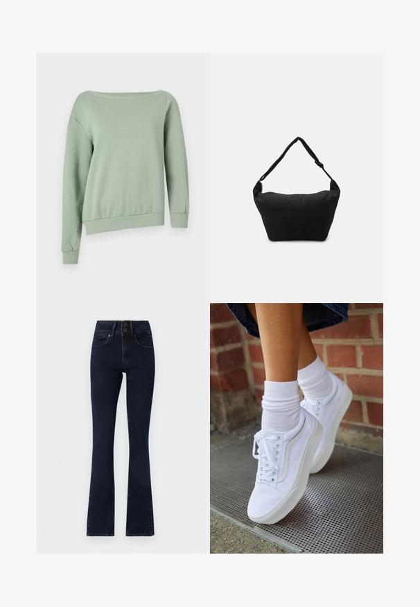 Sweatshirt vert clair, à épaules dénudées. Fabriqué en tissu doux, il présente des manches longues et un ourlet à côtes pour un ajustement décontracté. Sans motifs ni accents.; Jean évasé bleu foncé à taille haute, fermeture à deux boutons, cinq poches et texture denim lisse.; Baskets en toile blanches avec semelles en caoutchouc, dotées de six œillets, d'un bout rond et de détails de couture légers, portées avec des chaussettes blanches mi-mollet.; Sac à épaule en tissu noir avec une surface texturée douce, de forme arrondie et une seule sangle. Design minimaliste sans accessoires ni quincaillerie visibles.