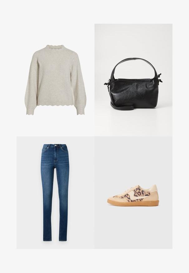 Lichtbeige trui met een geribbelde, geschulpte halslijn en zoom. Beschikt over lange, ballonvormige mouwen en een zachte, textuurstof.; Hoge taille skinny jeans in medium blue denim met klassieke vijf-pocket stijl en knoopsluiting.; Luipaardprint sneakers met een beige suède bovenkant, tan rubberen zool en witte accenten. Ronde neus en vetersluiting met een gestructureerde afwerking.; Zwarte leren handtas met een gestructureerd ontwerp, een ronde bovenhandgreep en een afneembare schouderriem. Beschikt over een gladde textuur en een subtiele glans.