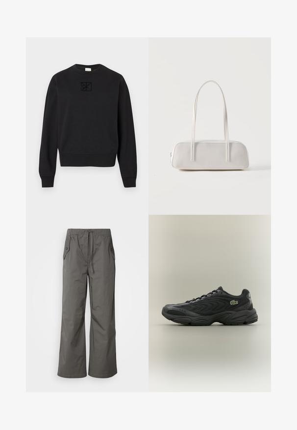 Sort sweatshirt lavet af bomuld, med rund halsudskæring, lange ærmer, ribbede manchetter og et tekstureret kvadratisk logo på brystet.; Grå vide benbukser lavet af letvægtsstof, der har elastisk talje, snor og to sidelommer med knap-accenter.; Sort træningssko med en struktureret overdel, bølget design og polstret krave. Har en gummisål og et lille grønt logo på siden.; Hvid rektangulær skuldertaske med lange tynde stropper, minimal syning og lynlåslukning på en ensfarvet baggrund.