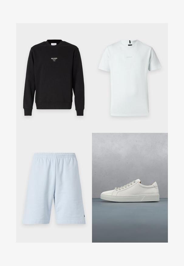 Schwarzer Sweatshirt aus Baumwollmischung, mit Rundhalsausschnitt, gerippten Säumen und kleinem weißen Logo-Text auf der Brust. Glatte Textur.; Hellblaues Baumwoll-T-Shirt mit kurzen Ärmeln, Rundhalsausschnitt und einem kleinen, in die Mitte gestickten Logo. Einfaches, schnörkelloses Design.; Helle blaue Baumwollshorts mit elastischem Bund. Einfaches, einfarbiges Design und offener Saum. Logo-Verzierung am unteren Saum.; Weißes Leder-Sneaker mit abgerundetem Zehenbereich, minimalistisches Design, graue Schnürsenkel und einer strukturierten grauen Gummisohle. Dezente Nähte sichtbar.