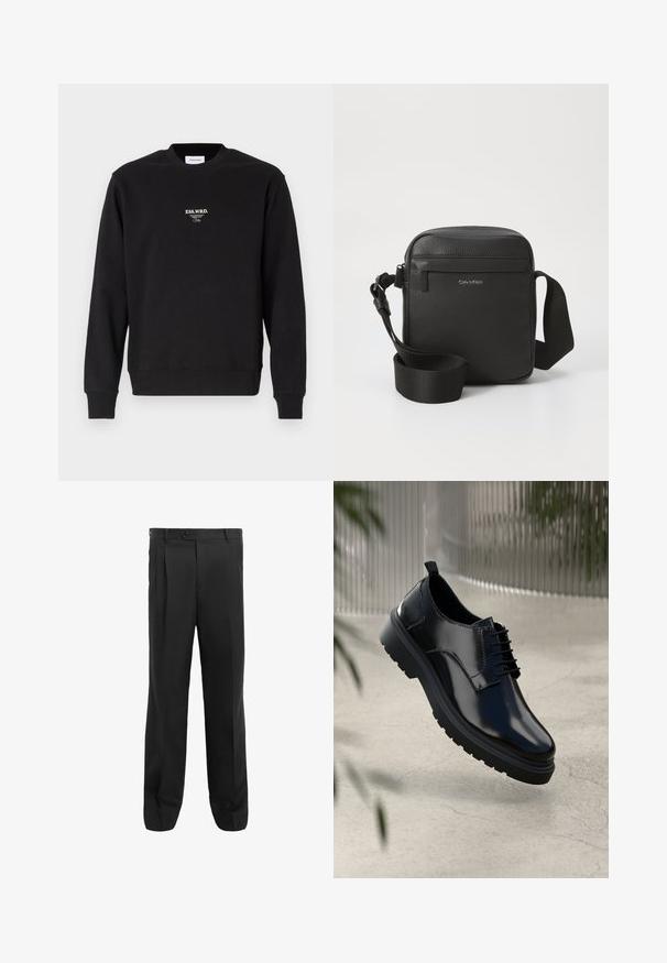 Sort sweatshirt lavet af en bomuldsblanding, med rund hals, ribbede manchetter og en lille hvid logo-tekst på brystet. Glat tekstur.; Sorte bukser med lige ben, der har plisseringer, en enkelt knaplukning og bæltests. Fremstillet af glat stof.; Sorte lædersko med en blank overflade, rund tå, snøredesign, kontrastsyninger og en tyk gummisål med mønster.; Sort læder crossover taske med tekstureret finish, udstyret med en frontlomme med lynlås og en justerbar stofrem. Mærkets logo er synligt.