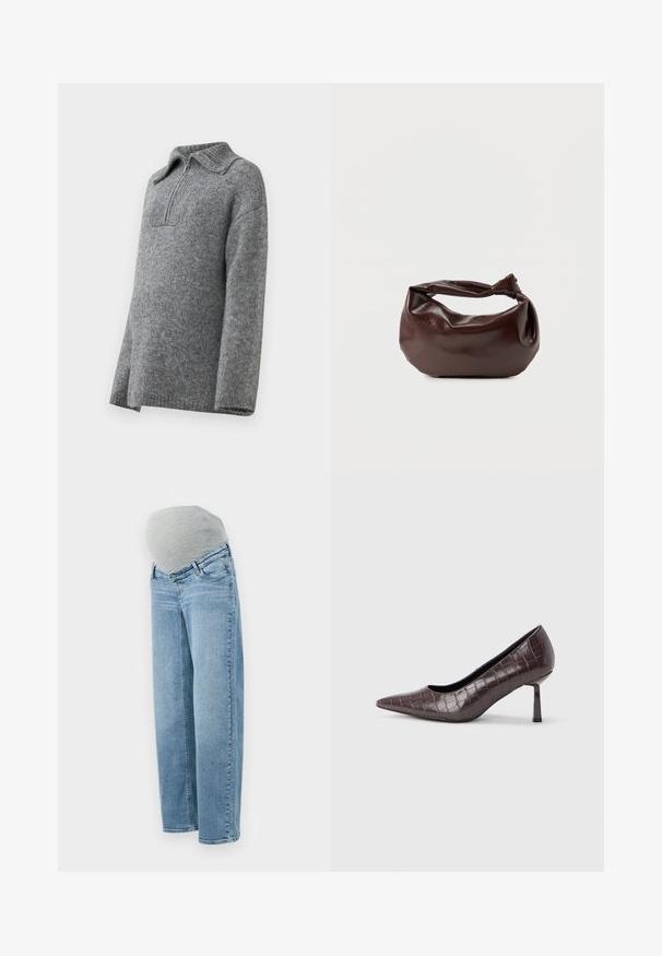 Pull en laine grise avec une texture de tricot détaillée, un col et une fermeture éclair demi-longue. Il présente des manches amples et un ourlet droit.; Jean de maternité avec un délavage bleu clair, coupe relaxée et bande élastique grise pour le ventre, offrant confort et flexibilité pendant la grossesse.; Escarpins à bout pointu en similicuir marron avec une texture crocodile, dotés d’un talon fin et angulaire ainsi que d’une doublure intérieure lisse.; Sac bandoulière en cuir marron foncé avec une forme souple et décontractée et une anse nouée torsadée sur un fond blanc uni.