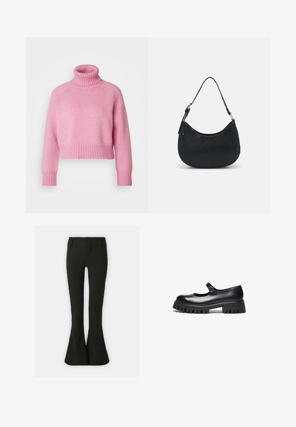 Vero Moda Petite VMMIRANDA - Jersey de punto - fuchsia pink; Pantalones de campana negros hechos de un tejido suave, con cintura alta y dos cierres de botón, presentando una silueta estilizada.; Zapato negro de cuero estilo Mary Jane con punta redonda, correa en el tobillo y suela de goma gruesa con detalles estriados.; Bolso hobo negro hecho de cuero suave con una silueta curva, que cuenta con una sola correa ajustable y detalles de diseño minimalistas.