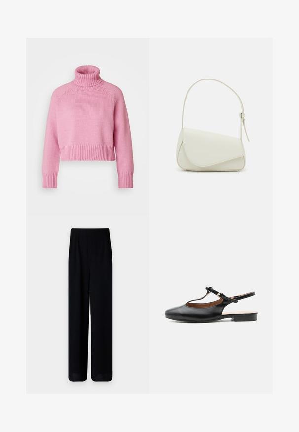Vero Moda Petite VMMIRANDA - Strickpullover - fuchsia pink; Vero Moda Petite VMLIVA SUPER WIDE PANTS - Stoffhose - black; Schwarzer flacher Lederslingback-Schuh mit T-Riemen und goldener Schnalle auf neutralem Hintergrund.; Weiße Kunstleder-Handtasche mit einer strukturierten dreieckigen Form, einem verstellbaren Einzelgurt und einem Klappenverschluss mit geschwungenen Akzenten.