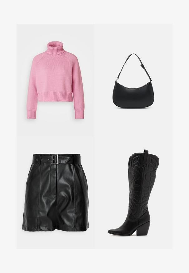 Vero Moda Petite VMMIRANDA - Trui - fuchsia pink; Zwarte leren shorts met een gladde textuur, hoge taille en een brede riem met een rechthoekige zilveren gesp. Geplooid ontwerp aan de voorkant.; Zwarte leren kniehoge laarzen met puntige neus en gestapelde hak. Voorzien van decoratief stiksel en gebogen designelementen.; Pieces PCALUANA SHOULDER BAG - Handtas - black