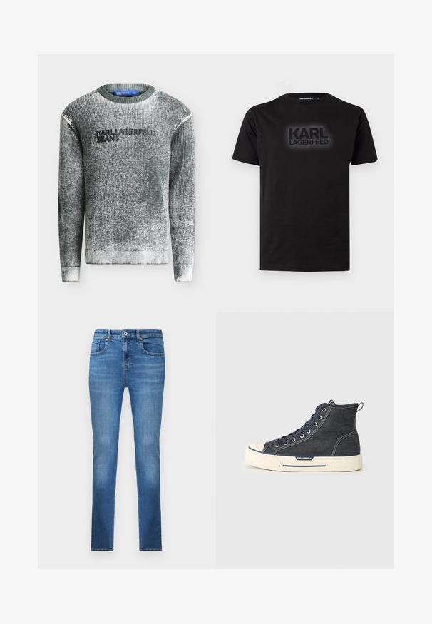 Grau strukturierter Strickpullover mit Rippenkragen, Bündchen und Saum, mit dem Schriftzug "KARL LAGERFELD JEANS" auf der Brust.; Schwarzes T-Shirt mit kurzen Ärmeln und Rundhalsausschnitt, mit dem Aufdruck "KARL LAGERFELD" in dunklen Buchstaben, zentriert auf der Brust.; Blaue Slim-Fit-Jeans aus Denim mit vorderen Taschen, Gürtelschlaufen und einem Knopfverschluss, dargestellt vor weißem Hintergrund.; Hochschnittige Sneaker aus dunklem Denim mit einer cremefarbenen Gummisohle, ausgestattet mit marineblauen Schnürsenkeln und einer Zuglasche an der Rückseite. Logo an der Seite.