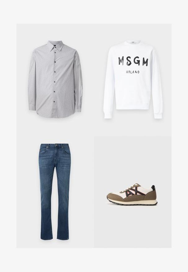 Valkoinen pitkähihaisen pyöreäkauluksinen collegepaita, jossa mustat "MSGM"- ja "MILANO"-tekstit sivellintyylillä edessä.; Vaaleanharmaa pitkähihainen nappipaita, jossa on pieni musta geometrinen kuvio, tavallinen kaulus ja mustat napit edessä.; Siniset farkut suoralahkeisina, joissa on vyölenkit, edessä nappi, vetoketjulukko ja klassinen viiden taskun malli.; Beige ja ruskea tennari, jossa on musta ja oranssi "AX"-logo kyljessä, valkoiset nauhat ja musta pohja yksinkertaisella vaalealla taustalla.