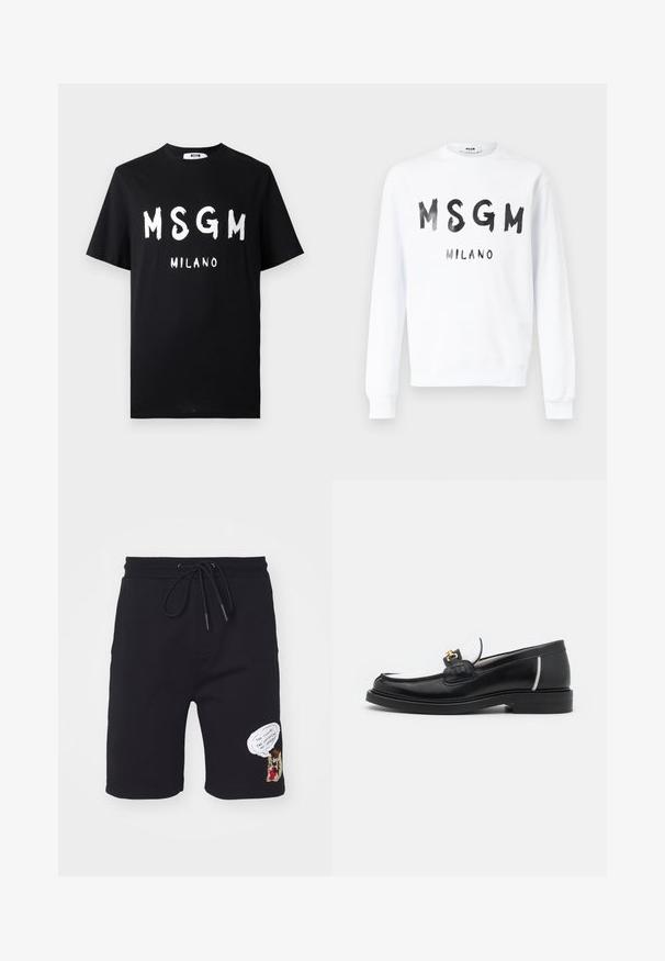 Sweat-shirt blanc à manches longues avec col rond, portant les inscriptions noires "MSGM" et "MILANO" en style coup de pinceau sur le devant.; T-shirt en coton noir avec un texte blanc audacieux "MSGM MILANO". Manches courtes et col rond. Texture lisse avec une coupe décontractée.; Iceberg BERMUDA - Pantalon de survêtement - nero; Mocassin en cuir noir avec un bout arrondi, des accents blancs et des détails en or sur le dessus. Présente un empiècement texturé et un talon empilé.