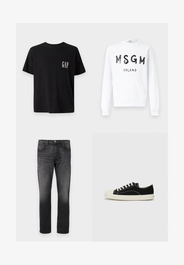 Hvid langærmet crewneck-sweatshirt med sort tekst "MSGM" og "MILANO" i penselstrøg-stil på forsiden.; Sort bomulds t-shirt med rund hals, korte ærmer og et lille hvidt "GAP" logo på venstre brystområde. Casual pasform med en glat tekstur.; Sorte denim jeans med lige ben, fem lommer, subtil falming og et lille rødt stofmærke på forlommen.; Sorte lærredssneakers med hvid syning, en rund gummitå, og hvide snørebånd. Har en tekstureret stofoverdel og en beige sål.