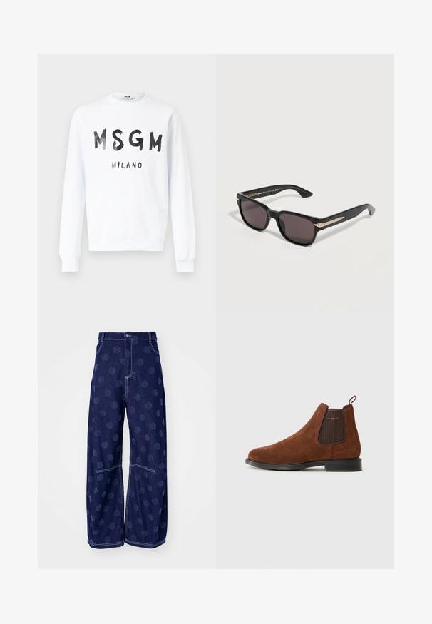Hvid langærmet crewneck-sweatshirt med sort tekst "MSGM" og "MILANO" i penselstrøg-stil på forsiden.; Henrik Vibskov DART PANTS - Jeans Relaxed Fit - dark blue; Brune ruskinds Chelsea-støvle med elastisk sideskilt, løkke til at trække i bagpå, sort sål og subtil "GANT" logo på sideskilt.; Sorte rektangulære solbriller med mørke linser og gulddetaljer på stellets sider, placeret på en lysegrå overflade.