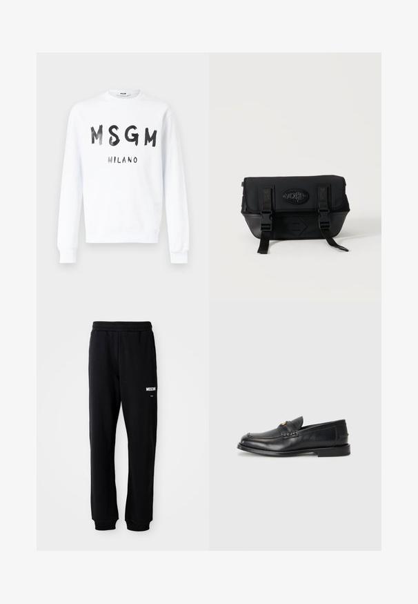 Hvid langærmet crewneck-sweatshirt med sort tekst "MSGM" og "MILANO" i penselstrøg-stil på forsiden.; Sorte sweatpants med en afslappet pasform, lavet af blødt stof. Har en elastisk talje og hvidt "Moschino" logo på venstre lår.; Sorte læder loafers har en afrundet tå, syede detaljer og en lille gylden accent foran. Sålen er flad og diskret.; Sort Moschino crossbody-taske med forreste klap, to spænstropper og logoemblem på en ensartet lys baggrund.