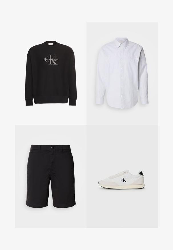 Sort sweatshirt med lange ærmer med stor grå tekstlogo "cK" og hvidt tekstlogo "Calvin Klein" centreret på forsiden.; Hvid langærmet skjorte lavet af linned med lodrette blå striber, med knaplukning foran og prægede "CALVIN KLEIN" logo hen over brystet.; Sorte shorts lavet af letvægtsstof, med knaplukning, standard talje og lige snit. Ingen mønstre eller synlige detaljer.; Hvid sneaker lavet af ruskind og stofmaterialer. Har et sort hæl-akse, snørebåndsdesign og et lille sort logo på siden.