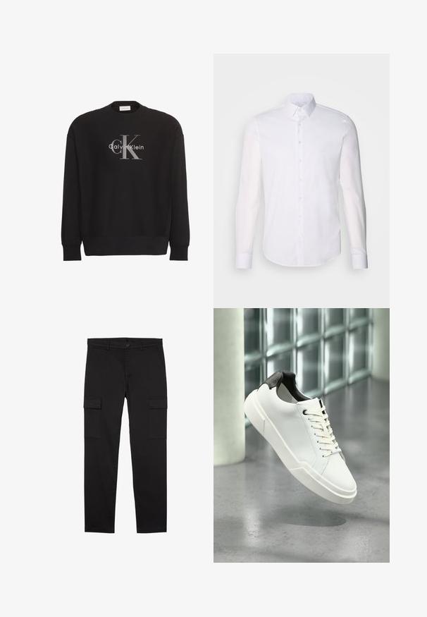 Sudadera negra de manga larga con gran logo de texto gris "cK" y blanco "Calvin Klein" centrado en el frente.; Camisa blanca de manga larga y botones, hecha de algodón, que presenta un cuello clásico, botones en la parte delantera y un detalle de costura minimalista.; Pantalones cargo negros de pierna recta con bolsillos laterales con solapa, botón delantero, trabillas para el cinturón y un diseño limpio y minimalista.; Zapatilla blanca de perfil bajo con lengüeta del talón texturizada en negro, cordones blancos y suela gruesa sobre un suelo de cemento pulido cerca de bloques de vidrio.
