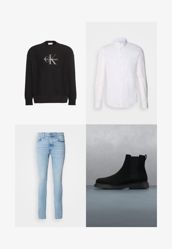 Čierna mikina s dlhým rukávom s veľkým sivým textovým logom "cK" a bielym "Calvin Klein" v strede na prednej strane.; Biela košeľa s dlhým rukávom, vyrobená z bavlny, s klasickým golierom, prednými gombíkmi a minimálnym prešívaním.; Calvin Klein Jeans Džínsy skinny fit - arrow stone; Čierne členkové topánky vyrobené z hladkého materiálu s jemným prešívaním, gumovou podrážkou a elegantným dizajnom, umiestnené na povrchu s drevenou textúrou.