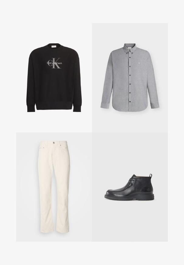 Čierna mikina s dlhým rukávom s veľkým sivým textovým logom "cK" a bielym "Calvin Klein" v strede na prednej strane.; Svetlosivá košeľa s dlhým rukávom na gombíky s golierom na gombíky a malým vyšívaným logom "cK" na ľavej strane hrudníka.; Béžové bavlnené džínsy s klasickým strihom rovného nohu, so zapínaním na prednom tlačidle, piatimi vreckami a jemnými detailmi v šití.; Čierne kožené členkové čižmy s okrúhlou špičkou, šnurovací dizajn a pútko na zadnej strane. Štruktúrovaný zvršok a gumová podrážka.