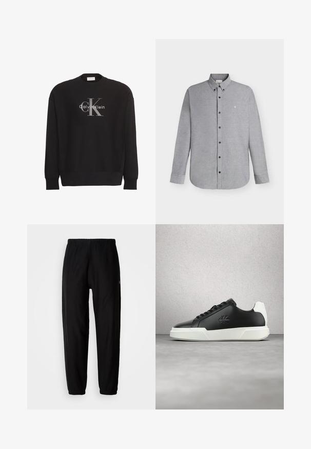 Sudadera negra de manga larga con gran logo de texto gris "cK" y blanco "Calvin Klein" centrado en el frente.; Camisa de manga larga color gris claro con cierre de botones y cuello abotonado, con un pequeño logo "cK" bordado en el pecho izquierdo.; Pantalones de chándal negros con cintura elástica, piernas ajustadas y dobladillos. Textura de tela suave. Detalle del logo en un lado.; Zapatilla de cuero negro con puntera redonda, suela de goma blanca y cordones negros. Presenta un logo en el lateral y un detalle en blanco contrastante en el talón.
