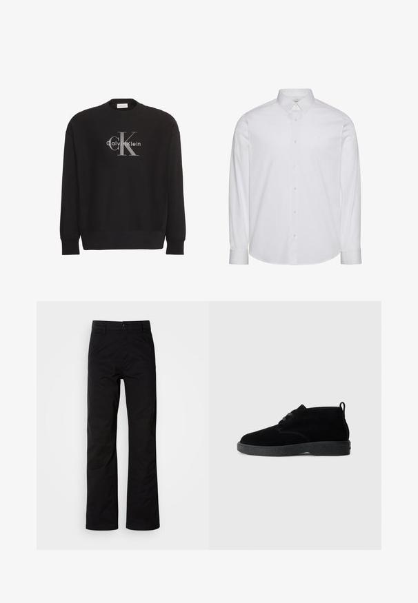 Sort sweatshirt med lange ærmer med stor grå tekstlogo "cK" og hvidt tekstlogo "Calvin Klein" centreret på forsiden.; Hvid langærmet skjorte med knapper lavet af bomuld. Har en standardkrave, frontplade med knapper og afrundet kant. Diskret mærkelogo.; Sort bomuldsbukser med lige ben, der har knaplukning og bæltestropper. Glat tekstur og minimalistisk stil uden synlige mønstre.; Sorte ruskindsankelstøvler med rund tå, snørebåndsdesign, sort gummisål og en sløjfe bag på for nem påtagning.