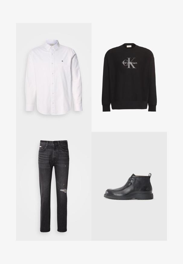 Čierna mikina s dlhým rukávom s veľkým sivým textovým logom "cK" a bielym "Calvin Klein" v strede na prednej strane.; Biela košeľa s gombíkmi vyrobená z bavlny, s klasickým golierom, dlhými rukávmi a malým logom CK na ľavej hrudi. Hladká textúra.; Čierne džínsy z denimu s rovnými nohavicami, so zničením v oblasti kolena, štýlom s piatimi vreckami a mierne vyblednutým povrchom.; Čierne kožené členkové čižmy s okrúhlou špičkou, šnurovací dizajn a pútko na zadnej strane. Štruktúrovaný zvršok a gumová podrážka.