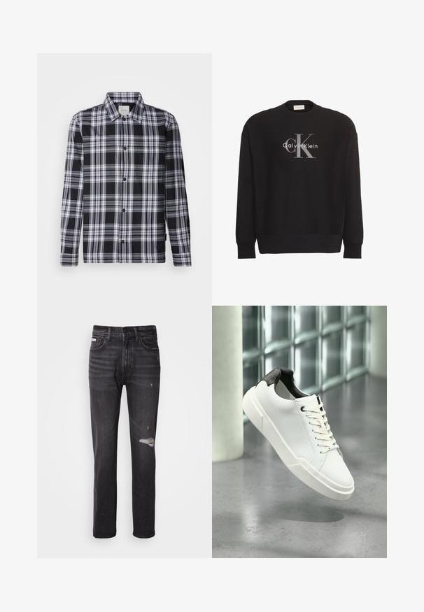 Sweat-shirt noir à manches longues avec grand logo texte gris "cK" et blanc "Calvin Klein" centré sur le devant.; Chemise à carreaux noir et blanc à manches longues, avec un devant à boutons et un col standard. Tissu doux avec une texture lisse.; Jean en denim noir avec une coupe droite, des détails déchirés au niveau des genoux, un style à cinq poches et une finition légèrement délavée.; Baskets basses blanches avec languette de talon noire texturée, lacets blancs et semelle épaisse sur un sol en béton poli près de blocs de verre.