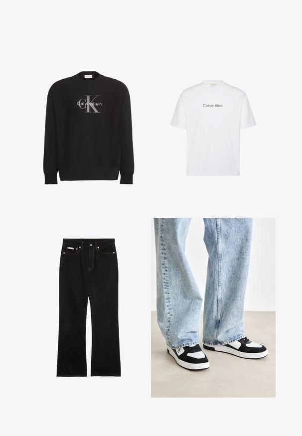 Must pikkade varrukatega dressipluus, millel on suur hall "cK" ja valge "Calvin Klein" tekstilogoga esiküljel keskel.; Valge puuvillane lühikeste varrukatega T-särk. Omab ümmargust kaelust ning roostes halli trükitud "Calvin Klein" logo rinnal.; Mustad sirgelõikelised teksad oranži õmblusega, viis taskut, nööpkinnitus ja väike Calvin Kleini silt ees paremal taskul.; Mustvalged ja -valged tossud, mis on valmistatud sametist ja võrgumaterjalidest. Madala lõikega disain, millel on pehmendatud kaelus ja lame kummist tald, kokku sobitatud helesiniste teksastega.