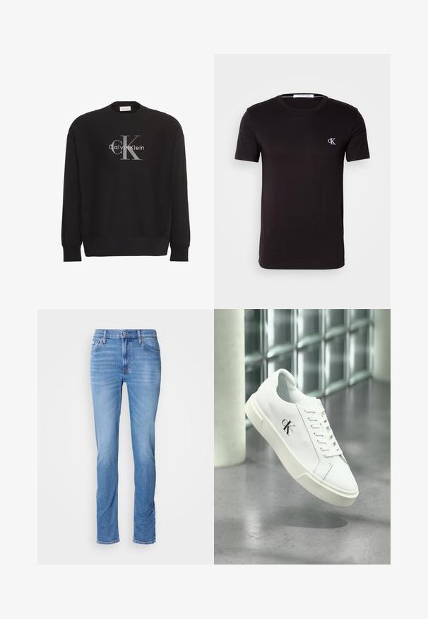 Čierna mikina s dlhým rukávom s veľkým sivým textovým logom "cK" a bielym "Calvin Klein" v strede na prednej strane.; Čierne tričko s krátkym rukávom a okrúhlym výstrihom s malým bielym logom "cK" na ľavej strane hrude a štítkom Calvin Klein Jeans vo vnútri goliera.; Pánske modré denimové džínsy so strihom na rovno, prednými a zadnými vreckami a malou značkou Calvin Klein pri prednom pravom vrecku.; Biela teniska Calvin Klein so šnúrkami, zobrazená vznášajúca sa nad leštenou betónovou podlahou a stenou z sklenených blokov.