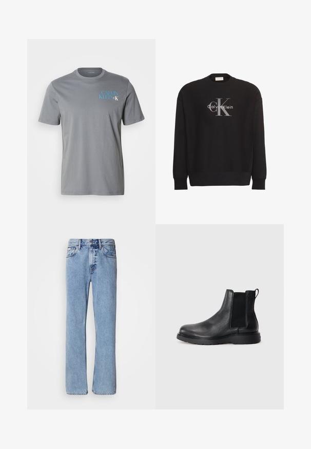 Sort sweatshirt med lange ærmer med stor grå tekstlogo "cK" og hvidt tekstlogo "Calvin Klein" centreret på forsiden.; Grå bomulds t-shirt med rund hals, korte ærmer, med blå "CALVIN KLEIN" tekst trykt på venstre side. Glat tekstur.; Lyseblå denimjeans med lige ben design, fem lommer og knaplukning. Syninger nær lommer og talje.; Sorte læder chelsea støvler med tekstureret finish, elastiske sidepaneler og en robust gummisål. Subtil branding på hælen.