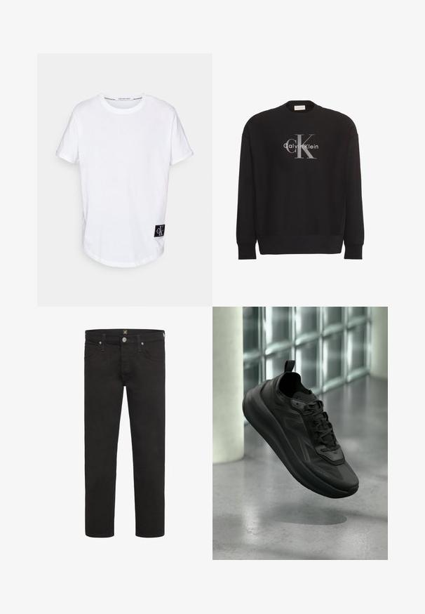Sort sweatshirt med lange ærmer med stor grå tekstlogo "cK" og hvidt tekstlogo "Calvin Klein" centreret på forsiden.; Hvid bomulds T-shirt med rullede korte ærmer, afrundet kant og et sort logo-tag med "CK" i nederste venstre hjørne.; Sorte straight-leg jeans med knap- og lynlås-lukning, for- og baglommer samt bæltestropper, fra mærket Lee.; Sort Calvin Klein-sneaker med snørebånd løftet over poleret betongulv, glasblokvæg og søjle i sløret baggrund.