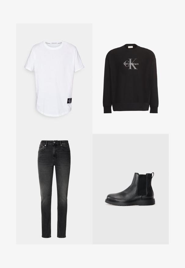 Schwarzer Langarm-Sweatshirt mit großem grauem "cK"-Textlogo und weißem "Calvin Klein"-Textlogo, mittig vorne platziert.; Weißes Baumwoll-T-Shirt mit umgeschlagenen Kurzärmeln, abgerundetem Saum und einem schwarzen Logotag mit "CK" auf der unteren linken Seite.; Schwarze Jeans aus Denim, mit geradem Schnitt, fünf Taschen und Knopfverschluss. Leichte Ausbleichungen verleihen dem Stoff Textur.; Schwarze Leder-Chelsea-Boots mit strukturiertem Finish, elastischen seitlichen Einsätzen und einer robusten Gummisohle. Dezentes Branding an der Ferse.