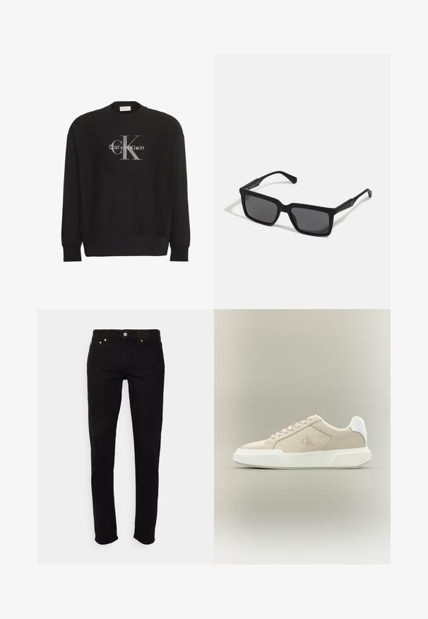 Sort sweatshirt med lange ærmer med stor grå tekstlogo "cK" og hvidt tekstlogo "Calvin Klein" centreret på forsiden.; Sorte slim-fit jeans med knap- og lynlås, for- og baglommer, vist på hvid baggrund.; Beige lavtopsneaker med tyk hvid sål, snørebånd, hvid hælkappe og diskret CK-logo på sidepanelet.; Sorte solbriller med rektangulære linser, mat finish, tykke stel og slanke arme med en subtil brandingdetalje.
