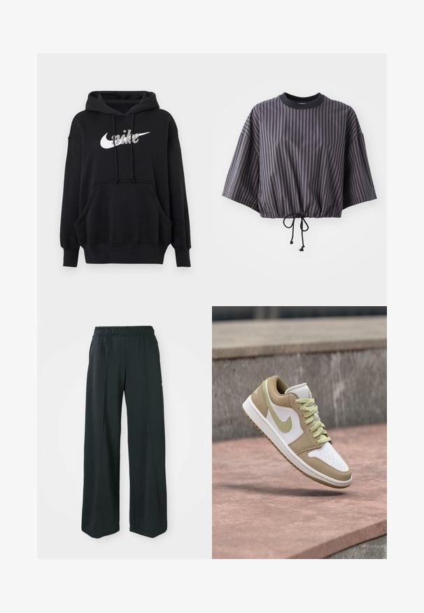 Must Nike dressipluus valge logoga, esiküljel taskuga, pika varruka, soonikkoes mansettide ja äärega ning reguleeritava nööriga kapuutsiga.; Tükkide kaupa lühikeste varrukatega tumehall topp, millel on vertikaalsed triibud. Omab nööriga allääret ja ümmargust kaelaauk, millel on kontrastne must äär.; Mustad, laiad spordipüksid elastse vööniidega. Valmistatud siledast, venivast kangast, millel on kerge esiseam ja ei ole taskuid.; Beež ja valge Nike toss heleroheliste paelte ja logoga, kujutatud õhus üle roosade betoonastmete.