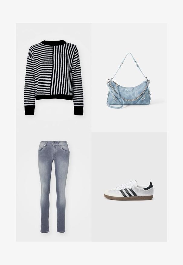 Zwart-wit gestreepte trui met contrasterende horizontale en verticale strepen, een ronde halslijn en ribbelboorden aan de mouwen en onderkant.; Skinny jeans in een middelgrote grijswas, gemaakt van denim. Beschikt over vijf zakken, riemlussen en een vervaagd effect bij de dijen en knieën.; Witte mesh sneaker met zwarte strepen, beige suède neuskapje en hielaccent, gestructureerde rubberen zool en witte veters. Klassiek ontwerp met lage schacht.; ALDO FARALAELIAX - Handtas - blue