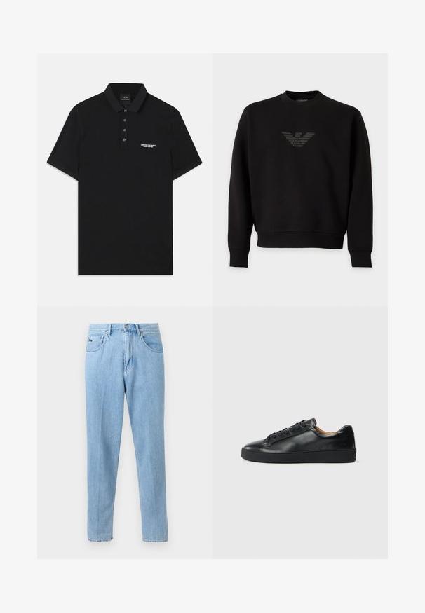 Sort langærmet sweatshirt med rund halsudskæring, der har et subtilt, blankt ørnelogo centreret på brystet.; Sort polo skjorte lavet af bomuld, med standard krave, tre-knaps placket og et lille hvidt "Armani Exchange" logo på venstre side.; Lyseblå denimjeans med lige ben, forlommer, bæltestropper og knaplukning på en neutral baggrund.; Sorte lædersneakers med en glat overflade, rund tå og snørebåndslukning. Har en tyk gummisål og minimal branddetalje.