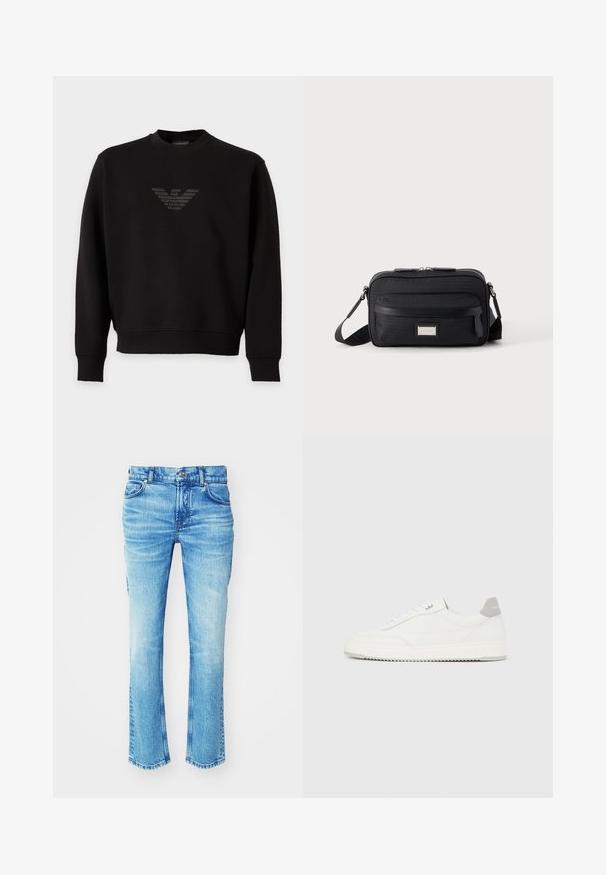 Schwarzer Langarm-Sweatshirt mit Rundhalsausschnitt, der ein dezentes, glänzendes Adlerlogo mittig auf der Brust zeigt.; Blaue Jeans aus Denim mit einem ausgewaschenen Look, geradem Bein und rohem Saum. Verfügt über einen Fünf-Taschen-Stil und Metallknopf-Details.; Weißer Sneaker mit niedrigem Schaft, grauem Fersenlaschen, weißen Schnürsenkeln und einer strukturierten Sohle, dargestellt vor einem schlichten hellen Hintergrund.; Schwarze rechteckige Umhängetasche mit vorderer Reißverschlusstasche, verstellbarem Riemen und silberner rechteckiger Logo-Plakette auf einfarbigem Hintergrund.