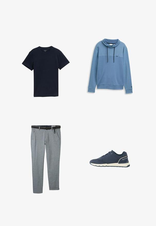 Blauwe trui met een col, lange mouwen en een paneelontwerp. Voorzien van verstelbare trekkoorden en een klein logolabel aan de voorkant.; Donkerblauwe katoenen T-shirt, korte mouwen, ronde hals, zachte textuur, eenvoudig ontwerp, geen patronen of accenten, rechte zoom.; Grijze geweven broek met een zwarte riem, voorzien van zijzakken en opgerolde mouwen. De stof heeft een subtiele textuur en een klassiek pasvormontwerp.; Marineblauwe sportschoen met mesh bovenwerk, witte zool, zwarte loopzool en "Tom Tailor" logo op de hielkap.
