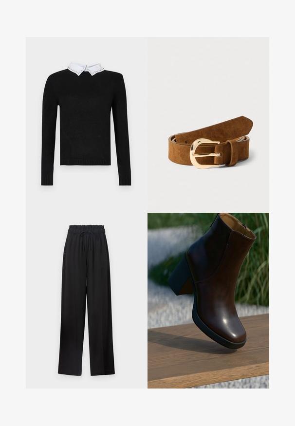 Schwarzer Pullover mit langen Ärmeln und einem weißen Kragen, der mit glitzernden Akzenten verziert ist. Gerippte Bündchen und Saum, aus weichem Strickmaterial gefertigt.; Schwarze weite Hose mit einem elastischen Bund und Kordelzug. Hergestellt aus einem glatten Stoff ohne sichtbare Muster oder Beschläge.; Dunkelbraune Lederstiefelette mit Blockabsatz, die auf einer Holzoberfläche im Freien ruht, mit verschwommenem Gras im Hintergrund.; Brauner Wildledergürtel mit glatter Textur, ausgestattet mit einer goldfarbenen Metallschnalle. Das Design ist schlicht mit einem gerade zulaufenden Ende.