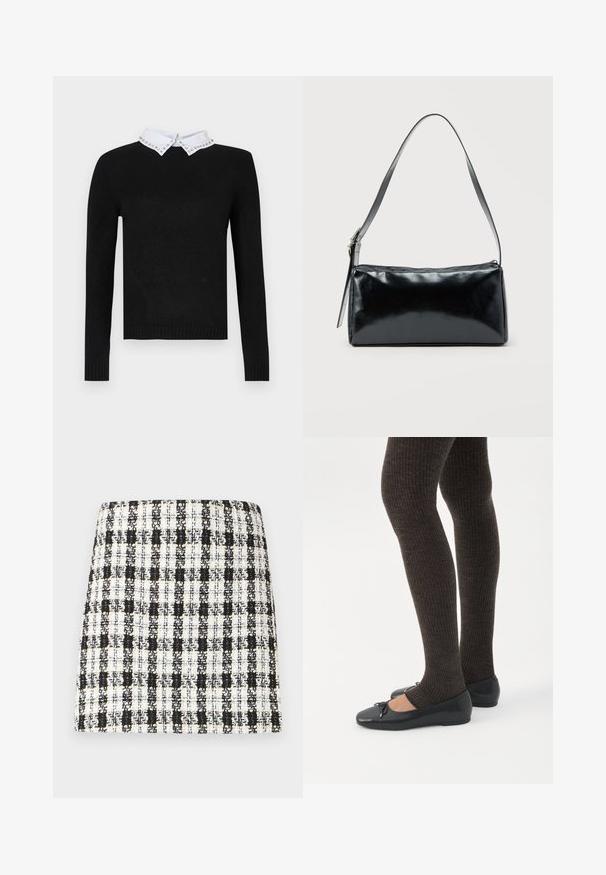 Pull noir à manches longues avec un col blanc orné d'accents en bijoux. Poignets et ourlet côtelés, fabriqué en matériau tricot doux.; Jupe à carreaux noir et blanc en tissu texturé, dotée d'un design structuré avec une coupe droite et des détails minimalistes.; Jambes portant des leggings côtelés foncés associés à des ballerines noires avec de petits détails en nœud sur fond blanc.; Sac d'épaule rectangulaire noir avec une sangle réglable unique et une fermeture éclair supérieure sur un fond uni.