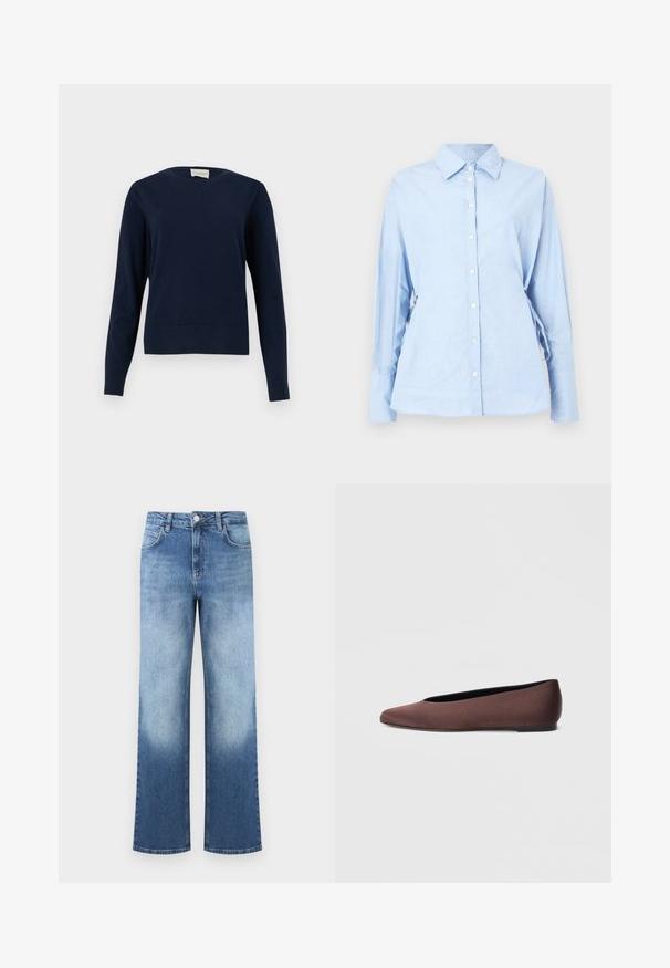 Pull à manches longues bleu marine à col rond avec poignets et ourlet côtelés, présenté sur un fond clair uni.; Chemise bleu clair à manches longues en tissu doux. Elle comporte une patte de boutonnage, un col, et des liens ajustables sur les côtés pour un meilleur ajustement.; Jean en denim bleu taille haute avec un dégradé passant du bleu clair au bleu plus foncé, équipé de poches avant et d'une fermeture à bouton.; Ballerines en tissu marron avec un bout pointu et une texture lisse, dotées d'un talon bas et d'une fine semelle noire. Aucune motif ni élément métallique visible.