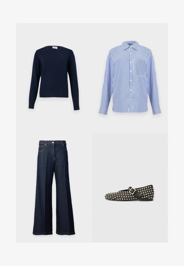 Suéter azul marino de manga larga con cuello redondo, puños y dobladillo acanalados, exhibido sobre un fondo claro y liso.; Camisa de manga larga a rayas verticales en azul y blanco con botones al frente, cuello puntiagudo, bolsillo en el pecho y puños con botones.; Vaqueros de mezclilla azul oscuro con pierna ancha, con botón frontal y bolsillos, mostrados sobre un fondo blanco.; Zapato plano negro con puntera redondeada, adornado con tachuelas plateadas. Cuenta con una correa con hebilla sobre el empeine. Textura lisa, tacón bajo.