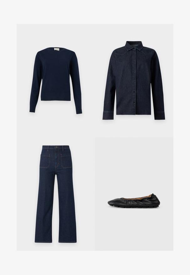 Mørkeblå langærmet rundhalset sweater med ribbet manchetter og kant, vist mod en ensartet lys baggrund.; Mørkeblå denimskjorte med lange ærmer, knapper foran, spids krave og enkle syningsdetaljer på skuldre og manchetter.; Mørkeblå jeans med vidde i benene og høj talje, to forlommer med lapper, bæltestropper og lukning foran med knap.; Sort læder balletflade med samlet detaljering ved kraven, rund tå og fleksibel gummisål. Glat tekstur hele vejen igennem.