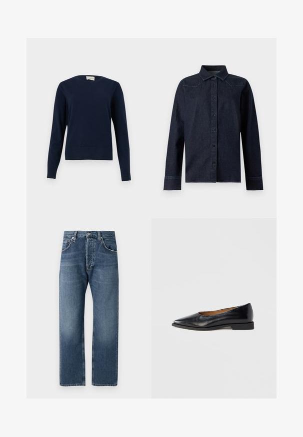 Marineblauer Pullover mit Rundhalsausschnitt und langen Ärmeln, mit gerippten Bündchen und Saum, vor einem schlichten hellen Hintergrund dargestellt.; Dunkelblaues Denim-Hemd mit langen Ärmeln, Knopfleiste vorne, spitzem Kragen und einfachen Nahtdetails an Schultern und Manschetten.; Blaue gerade geschnittene Jeans aus Denim mit klassischem Fünf-Taschen-Design und Knopfverschluss, vor einem weißen Hintergrund präsentiert.; Schwarzer Lederflachschuh mit spitz zulaufender Zehe und niedrigem, quadratischem Absatz. Glatte Textur, minimalistisches Design, ohne sichtbare Beschläge oder Muster.