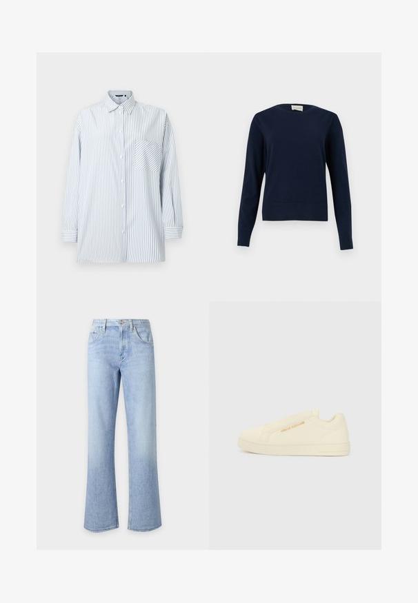 Pull à manches longues bleu marine à col rond avec poignets et ourlet côtelés, présenté sur un fond clair uni.; Chemise boutonnée à rayures verticales bleu clair et blanc, manches longues, poche poitrine, en tissu lisse, et dotée d'un col classique.; Jean en denim bleu clair taille haute avec fermeture par bouton et zip, poches avant et jambes larges légèrement évasées.; Baskets à enfiler crème avec une texture lisse, présentant un accent de logo surélevé et un design minimaliste. Semelle en caoutchouc épaisse pour un bon maintien.
