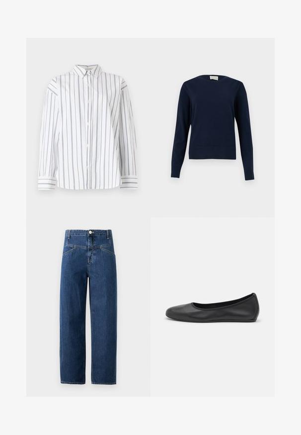 Mørkeblå langærmet rundhalset sweater med ribbet manchetter og kant, vist mod en ensartet lys baggrund.; Hvid bomulds skjorte med knapper og lodrette marineblå striber, en klassisk krave og lange ærmer med stribede manchetter. Blød tekstur.; Mørkeblå jeans med lige ben, høj talje, frontknap, lynlås og skrå forlommer synlige mod en ensfarvet baggrund.; Sort læderballetsko med rund tå, glat tekstur, minimal syning og et fleksibelt såldesign.